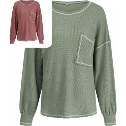 Top Popular O Neck Long Sleeve Pockets Sweater Lady Knitted Top Round Neck for Daily Wear