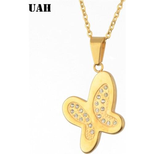 UAH Gold Color Crystal Butterfly Stainless Steel Pendant Choker Necklace For Women Good Quality Short Jewelry Best Selling