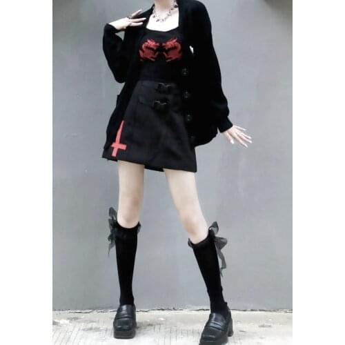 Ruibbit New Arrival Summer Fashion Gothic Cross Embroidery A-line Black Y2k Skirt Women Female Casual Punk Harajuku Skirts