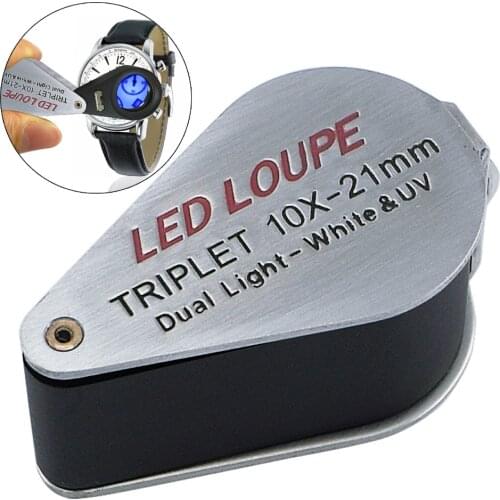10x Magnification Jewelry Loupe with UV Lightning 21mm Optical Glass Lens 6 White LED Light