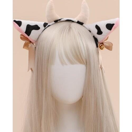 Women Girls Cow Ears Headband with Bells Ribbon Bow Anime Lolita Hair Hoop Kawaii Animal Party Cosplay Headpiece