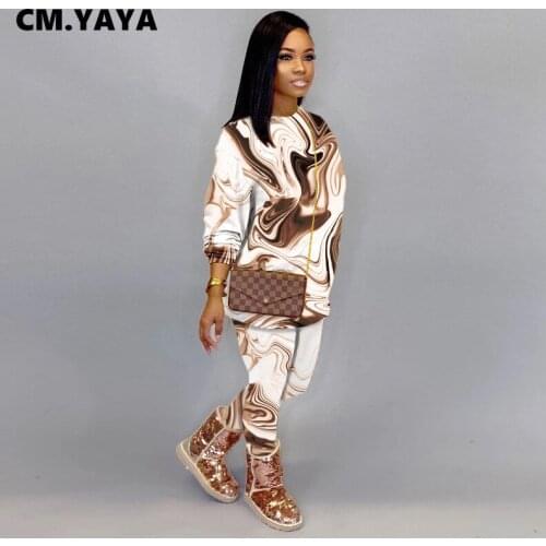 CM.YAYA Women Tracksuit Print Long Tops + Pencil Pants Two 2 Piece Sets Casual Outfits Active Sweatsuit Pants Set Female Autumn