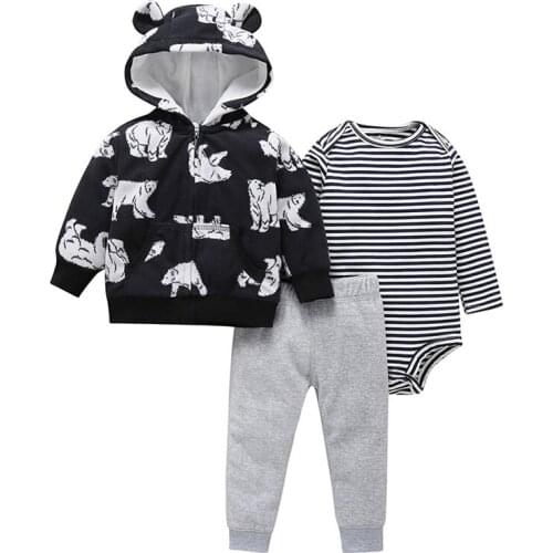 Baby Girl Boy Winter Hooded Clothes Infant Cartoon Bear Dinosaur Printed Coat+Romper+Pants Suit Foral Clothing for Toddler Baby