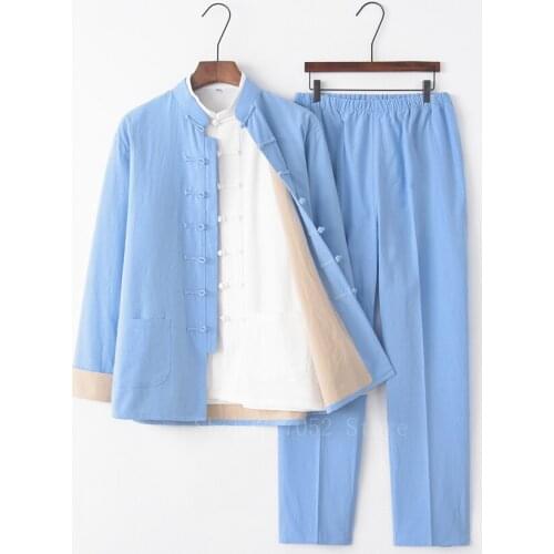 3PCS Chinese Traditional Tang Suit Male Solid Linen Kung Fu Uniform Retro Casual Plus Size Tai Chi 9Colors Clothing Set for Man