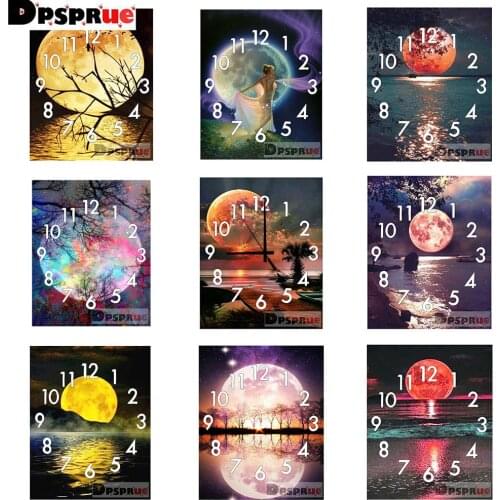 5D DIY Diamond Painting-Moon-With Clock Full Square Diamond Embroidery Landscape Cross Stitch Mosaic Sale wall Home Decoration