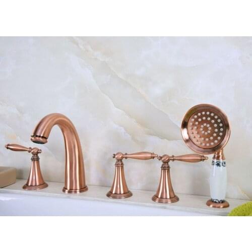 Antique Red Copper Brass Widespread Three Handles Deck Mounted 5 Holes Bathroom Tub Faucet Mixer Tap With Handshower mtf201