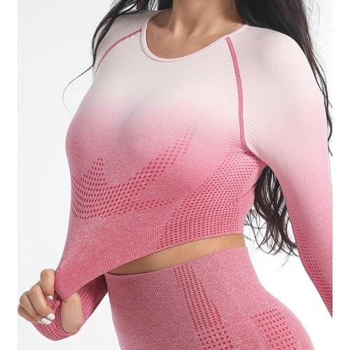 Seamless gradient Yoga Shirts Crop Top long Sleeves Shirts for Women Yoga Sports Fitness Gym cloth Workout Tops Sports Shirts