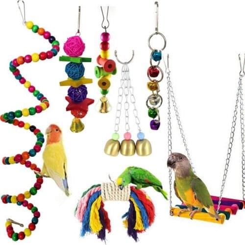 Cute 7Pcs/Set Parrot Birds Toy Kit Swing Hanging Bells Wooden Bridge Accessories Bird Toy Standing Training Pet Tool