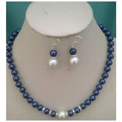 Shipping New style Natural noble jewelry8MM Blue /White South Sea Shell Pearl necklace earrings set AAA Grade V21 (C0322)