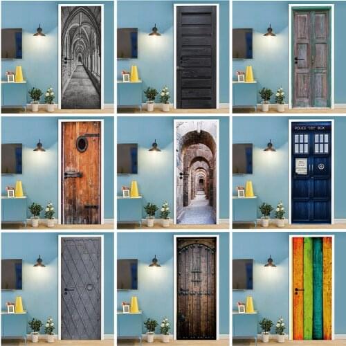 Retro Door Stickers Self Adhesive PVC Waterproof Wallpaper Doors Bedroom Living Room Home Decoration DIY Renovation Mural