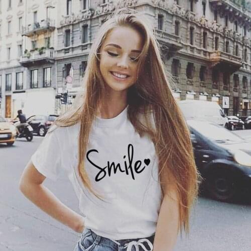 Smile Letter Print Graphic Tees Women Short Sleeve Fashion T Shirts Harajuku Casual Female Tops O-neck Tees Tumblr Clothing