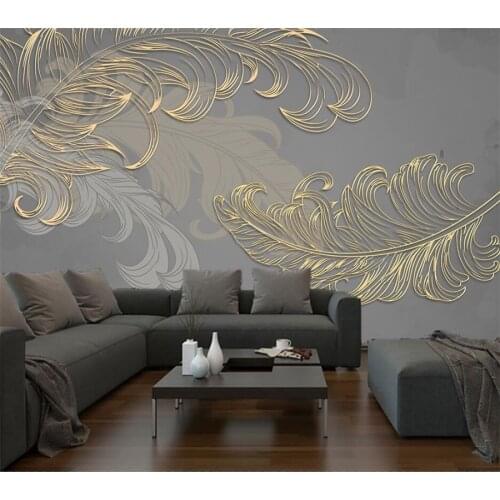 Customized 3d wallpaper fashion beautiful hand-painted feather mural Nordic style golden embossed lines background wall фотообои
