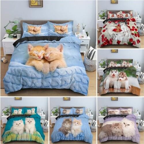 Cute Puppy Cats Pattern Duvet Cover Set 3D Animal Print Bedding Set With Pillowcase Soft Cozy Quilt Cover King Twin Baby 2/3PCS