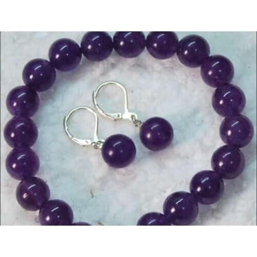 Pretty! 10MM Amethyst Round Beads Bracelet and Earring