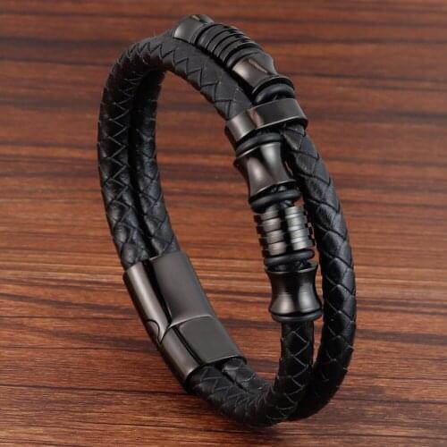 LAMEMDEE Trendy Stainless Steel Charm Magnetic Black Men Bracelet Leather Genuine Braided Punk Rock Bangles Jewelry Accessories