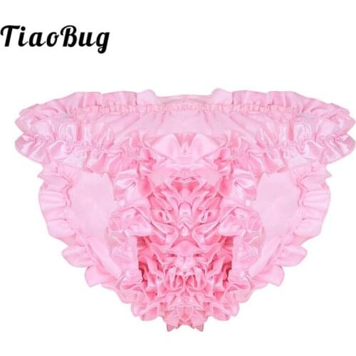 TiaoBug Mens Lingerie Super Frilly Satin Ruffled High Cut Sexy Sissy Knickers Briefs Men Underwear Panties Erotic Gay Underpants