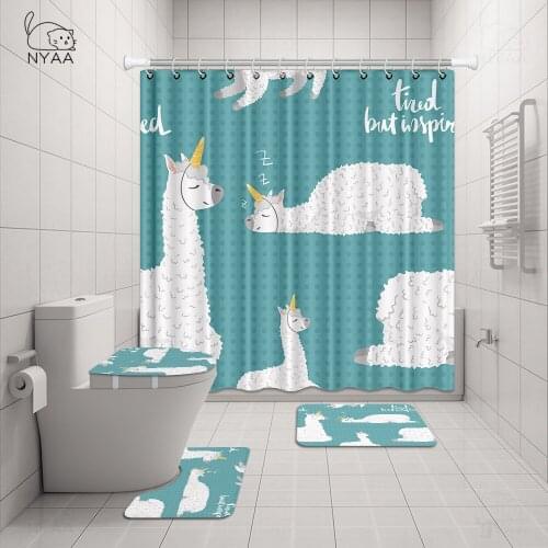 Lovely Cartoon Alpaca Pattern Polyester Waterproof Shower Curtains With Rectangle Non-slip Floor Mat Bath Curtain Set