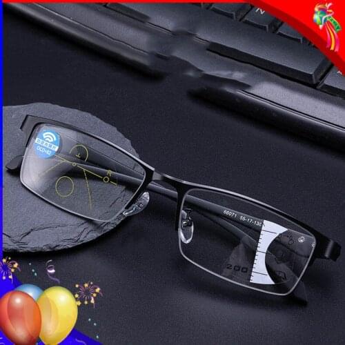 Progressive Reading Glasses Multifocal Computer Eyeglasses Rectangular Metal TR90 Anti Blue Light Readers Half Frame Eyewear