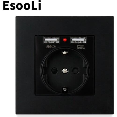 EsooLi PC Panel Power Outlet Wall Charger Adapter Dual USB Charging Port 5V 2.1A LED Indicator 16A EU Socket