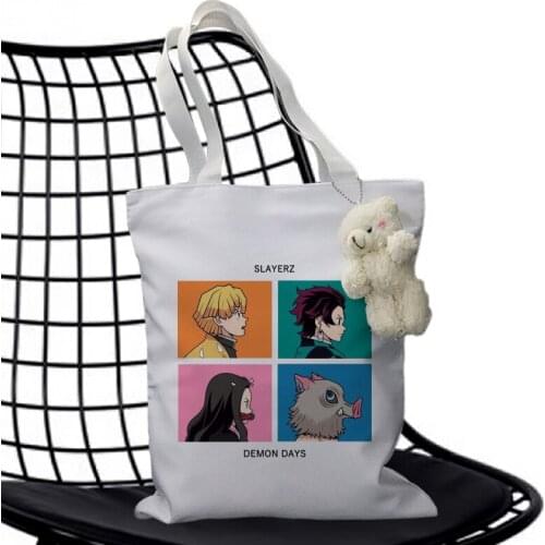 Shopping Bags Anime Rengoku Kyoujurou Kimetsu No Yaiba Harajuku Anime Demon Slasher Shopping Bag Canvas Tote Shoulder Bags