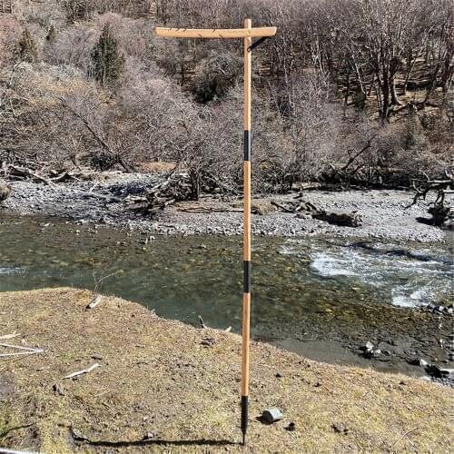 Outdoor Folding Lamp Pole Beech Wood Retro Adjustable Multiple Hanging Holes With Stake Camping Bonfire Lantern Light Stand Rack