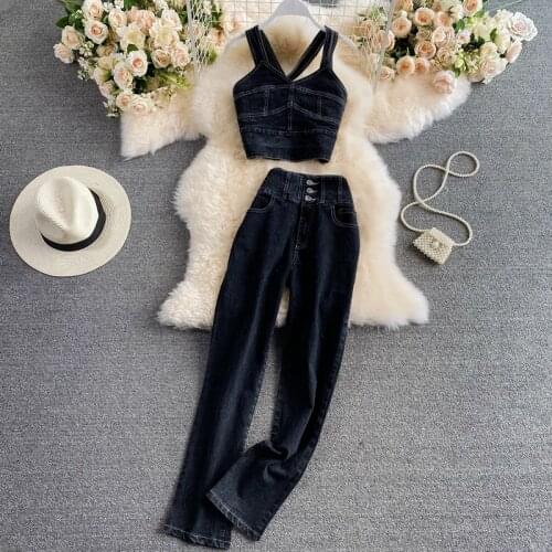 2021 Spring Sexy Off-the-shoulder Suspender Denim Vest Crop Top Women High Waist Slim Straight Leg Denim Trousers Two-piece Set