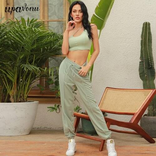 Free Shipping 2021 New Women Sweatpants Suit Sexy Slanted Shoulder Sleeveless Halter Vest & Elastic Pants Casual Two-piece Sets