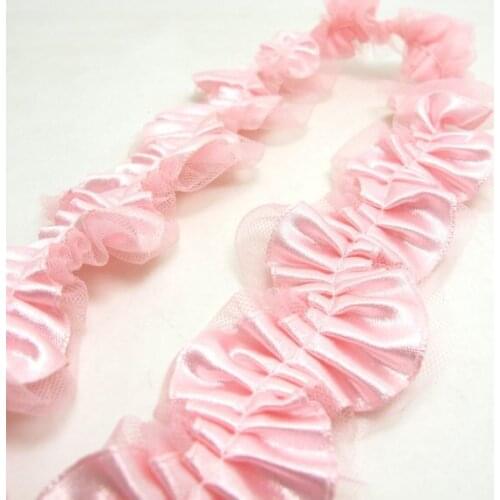 1 1/2 Inches Pink Wavy Pleated Satin Trim with Tulle Base|Ruffled Ribbon|Ric Rac Trim|Retro Handmade Supplies|Pillow Case
