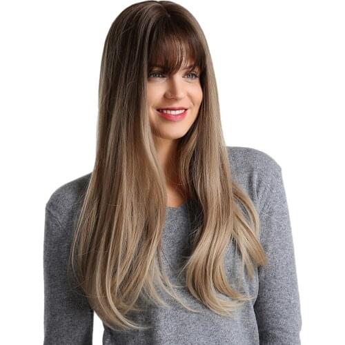24 Inch Women Mix Colors Gradient Long Straight Synthetic Wig Straight Brown Wigs For women Party Daily Use