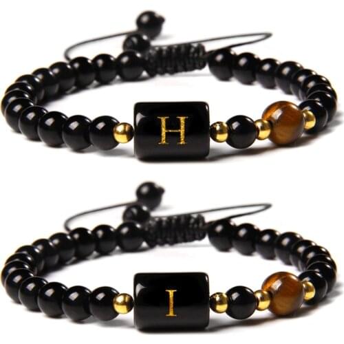 Hi Bracelets 26 Letters Charm Bracelet Men Weave Black Rope Adjustable Jewelry Women Natural Onyx Beads Tiger Eye Stone Pulsera