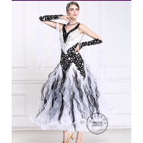 Customize black white patchwork Fox trot Quick step Ballroom tango Modern tango Waltz competition Dance Dress long sleeve