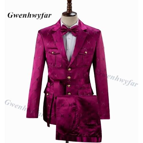 Gwenhwyfar African Style Customized Jacquard Hot Pink 2 Pieces Men Suits for Wedding Groom Tuxedos Men Slim Fit Costume Homme