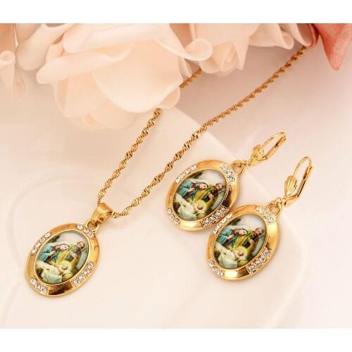 Mother Virgin Mary Necklace & Earrings Pendant Set 14 K Fine Gold GF Catholic Religious crystalJewelry Set Christmas Gift