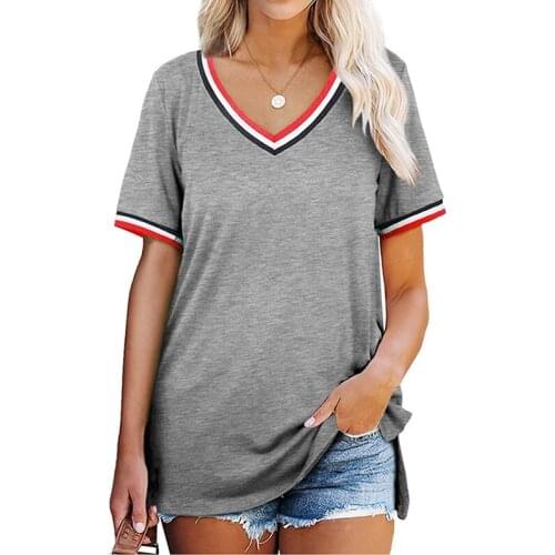 Kili Womens Fashion Solid Color V-Neck Stripe Stitching Short Sleeve T-Shirt