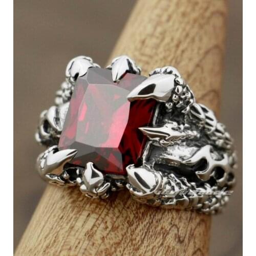 925 Sterling Silver Huge Red CZ Stone Dragon Claw Mens Biker Rocker Ring 8T002
