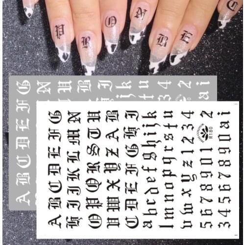 3D Cool Letter Sticker Nail Art Stickers English Old Font Black Number Tattoo Nail Design Water Sliders Manicure Wraps HL37