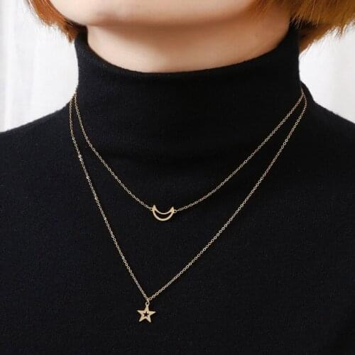 Korean Minimalist Of Trend Long Double Row Irregular Moon Pendant Star Pendant Sweater Necklace 18K Gold Plated Necklace Women