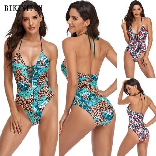 2021 New Sexy Leopard Print One Piece Suit Women Tropical Leaves Swimsuit Deep V Beachwear S-XL Girl Backless Halter Monokini