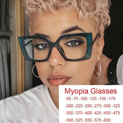 2021 Trendy Office Anti Blue Light Computer Myopia Glasses Women Square Spectacle Frame Retro Short Sight Glasses Minus 0.5 to 6