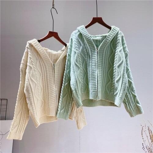 Core-spun yarn literary academy style geometric hooded solid color sweater jacket female autumn new zipper knitted cardigan tide