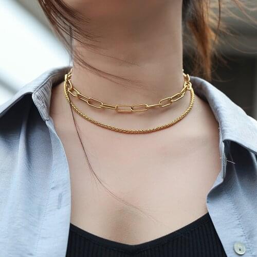 Simple Choker Double Layered Necklace for Women Gold Color Stainless Steel Paperclip Wheat Link Chain 14inch+2inch 2021 LDN203