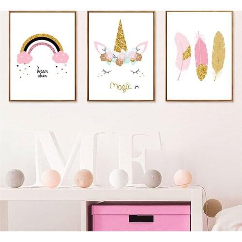 Pink Cartoon Unicorn Canvas Painting Dream Rainbow Magic Poster Childrens Room Girl Room Cute Wall Decorative Painting Pictures
