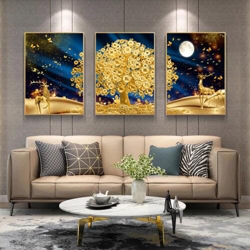Modern Nordic Aart Gold Tree Money Deer Canvas Art Posters Prints Oil Painting Luxury Wall Picture for Living Room Home Cuadros