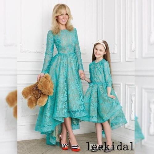 Vintage Mint Green Long Sleeve Lace Mother Daughter Dresses Mom Girls Matching Dresses Photography Dress Custom