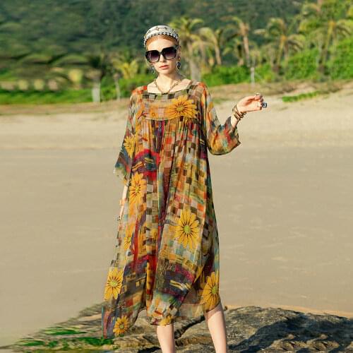 Zijden Moerbei Zijden Print Jurk Vrouwen Zomer Nieuwe Stijl Losse Mid-Length Strand Rok