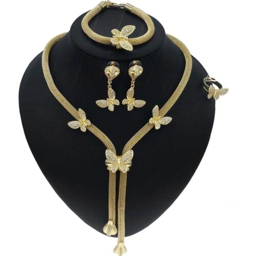 Yulaili Wholesale Jewelry Set Cuban Chain New Design Gold Butterfly Bridal Necklace Earrings Bangle Ring Jewelry Set For Lady
