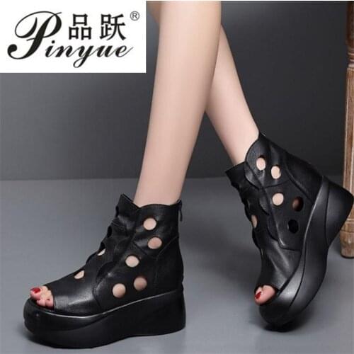 New Cowhide Hollow Summer Women Sandals Fashion Leather Sandals Summer Thick Heel Rome Shoes