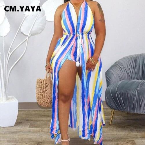 CM.YAYA Women Set Print Sleeveless Splited X-long Vests Bandage Sashes Strechy Shorts Two 2 Piece Set Sexy Fashion Outfit Summer