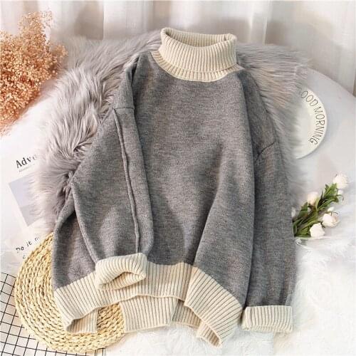 2021 Women Autumn Winter New Turtleneck Knitted Tops Female Loose Pullover Jumpers Ladies Thick Warm Patchwork Sweater Tops R558