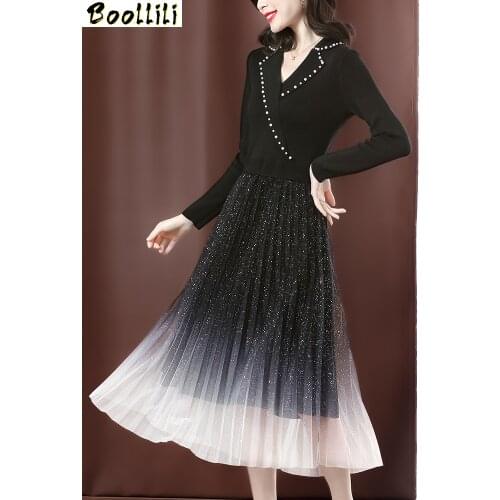 Boollili Vintage Elegant Maxi Dress Women Spring Long Sleeve Office Dress 2020 Ladies Dresses Black Pleated Dress Vestidos